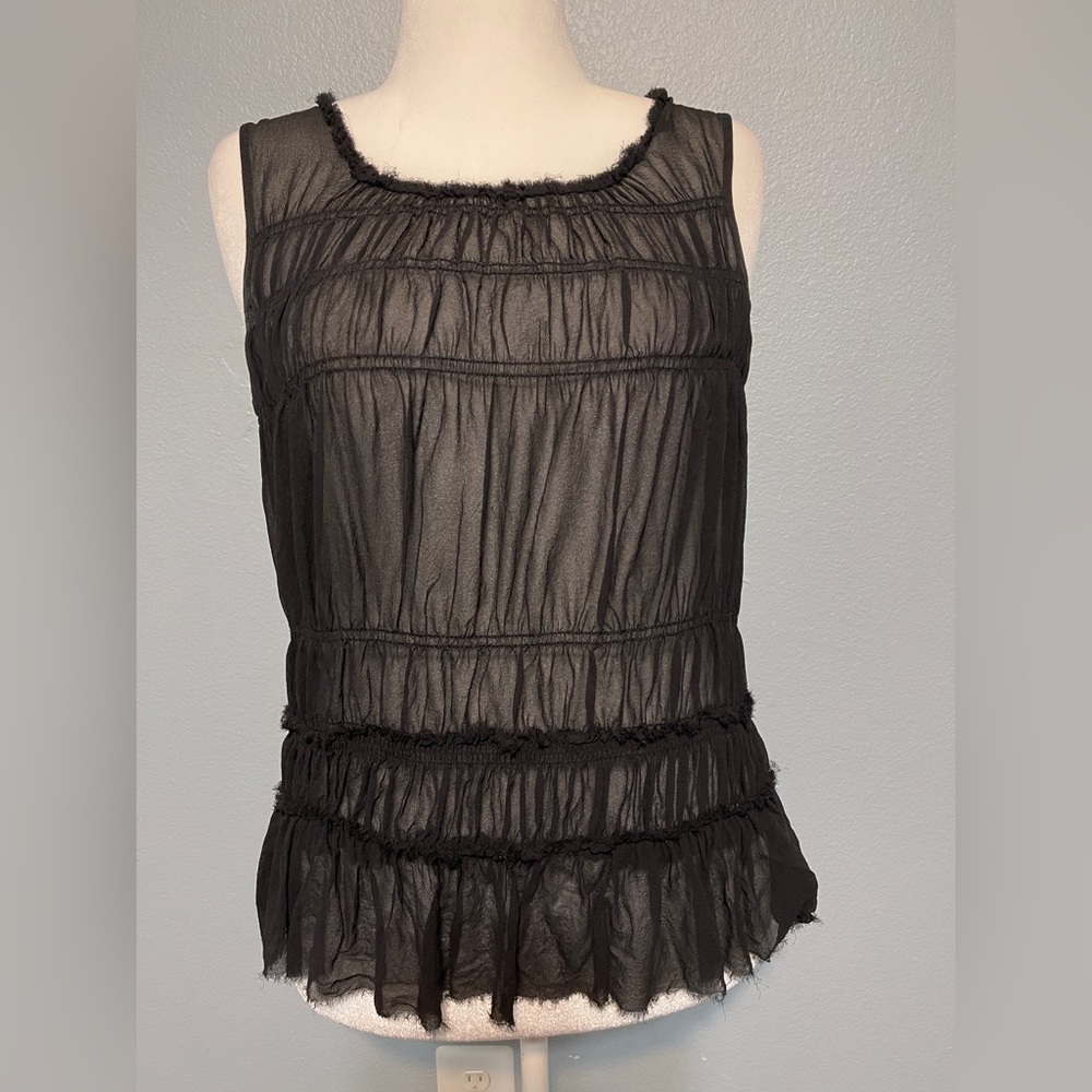 Theory Sheer Top Black Sleeveless Ruffle Hem Tiered Blouse Ethereal Petite